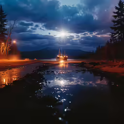 boats on the water at night near a forest