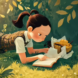 a little girl is reading a book in the grass
