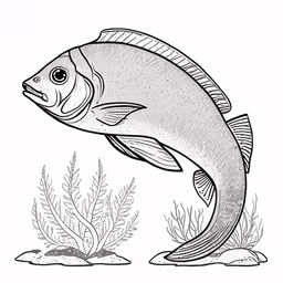 a large fish is swimming on some rocks and grass