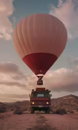a truck driving down a dirt road with a big balloon attached to it