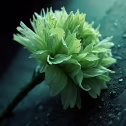 a green flower is in the rain drops