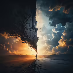 a person stands alone in the ocean during sunset