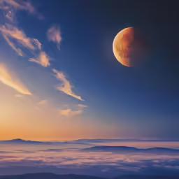 a red moon in a sky over a cloud filled mountain