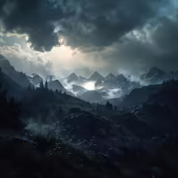 a mountain landscape with trees and bushes in the foreground and clouds in the background