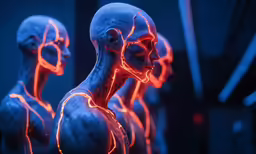 a group of humanoids that are glowing blue and red