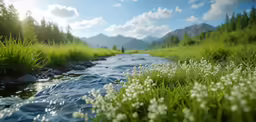 the creek is running through a grassy area