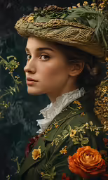 a woman with a flower on her head and dress