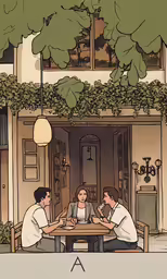 a group of people sit around a table eating