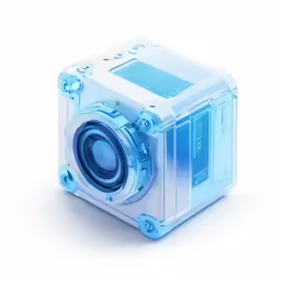 a transparent and black camera on a white background