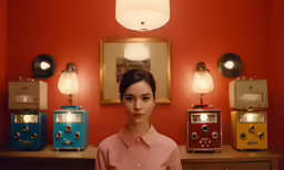 a woman standing in front of a red room