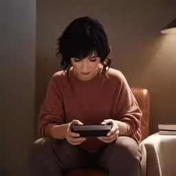 a young lady holding a cell phone while sitting on a couch