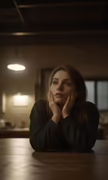 the woman has her hands on her face while sitting at a table