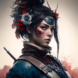 an image of a woman with a bloody face and flowers in her hair