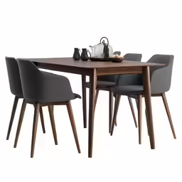 a wooden table with grey chairs in the center