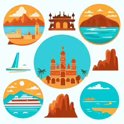 colorful illustrations of an ocean, mountains and buildings,a round scene with colorful architecture and a boat
