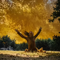 the woman has her arms up in a field with trees and rocks around her