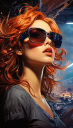 a painting of a woman in sunglasses on top of a spaceship