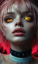 a woman wearing yellow eyes is posing for a photo