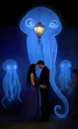 a man and woman in a black dress are standing together in front of a blue background