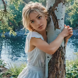 a young woman hugging a tree trunk by a river