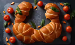 bread in the shape of a face made out of strips of croissants and orange slices, with tomatoes, greens and leaves surrounding it
