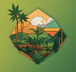 a drawing of a tropical landscape that includes trees, a building and a river,a picture with a sun in the distance on a green background