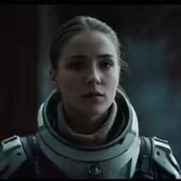 a young woman wearing armor is staring into the distance