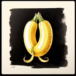 two yellow bananas are on a black and white painting