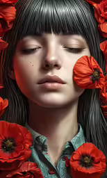 a woman with long black hair with red flowers on her head