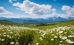there is a grassy field with white flowers on the ground