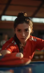 a girl in red t - shirt with a blue table