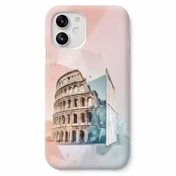 a pink phone case with an image of a building on the front and side