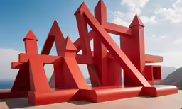 a sculpture consisting of red blocks against a blue sky