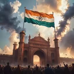 a flag and some buildings that are standing in the air