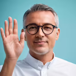 a man wearing glasses holds his hand up