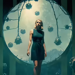 a woman wearing a dress walks through a dimly lit room
