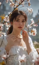 a young woman wearing a white dress in a cherry blossom tree