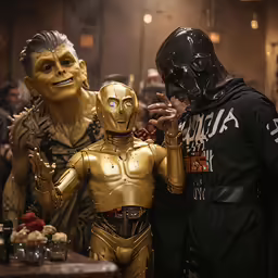 two men wearing costumes as the same character and an adult robot