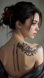 a woman with tattoos on her back and shoulder