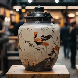a big vase on a wooden block outside