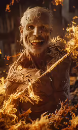 a creepy looking person wearing makeup is surrounded by flames