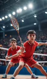 two boys who are holding tennis racquets on a court