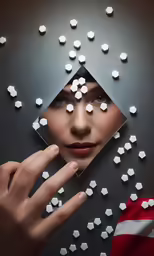 the hand is holding up a small object above a woman