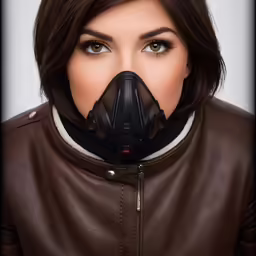 woman wearing mask to her face with black jacket and white collar