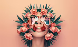 a pink background shows an artisticly arranged face with large, thick succulent petals and flowers sticking out from its nose