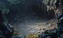 there is a cave entrance with rocks and plants