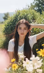 a girl wearing a white shirt in the garden with yellow flowers