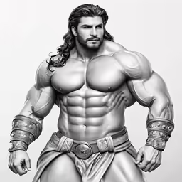 the man has long, muscular arms and chest