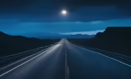 highway going into a bright lit night on one side with dark clouds