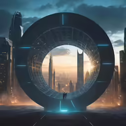 the futuristic cityscape of a big circle in the sky